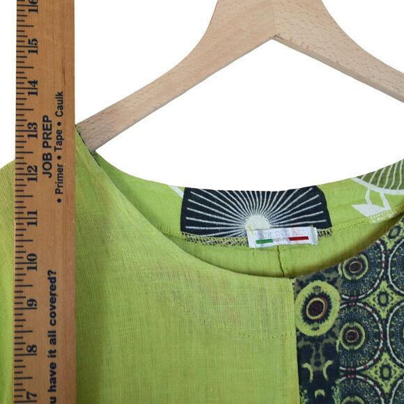 Made in Italy 100% Linen Patchwork Print Duster Dress Green Artsy Boho Oversized - Picture 3 of 10